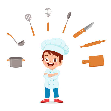 happy cute kid boy ins chef costumeのイラスト素材