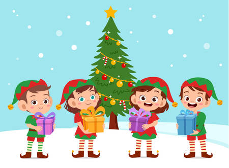 happy kids carry gift christmas vector illustrationのイラスト素材