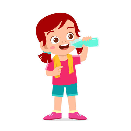 happy cute kid girl drink water after sport vectorの販売画像