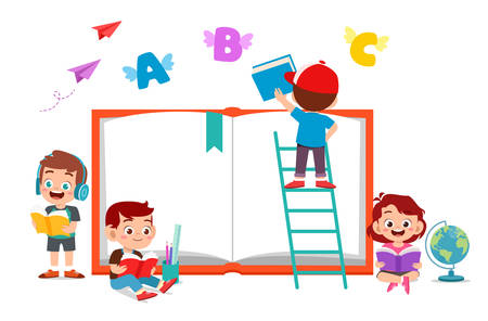 Happy kids read book and study together vectorのイラスト素材