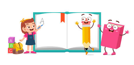 happy cute kid school with book and pencil vectorのイラスト素材