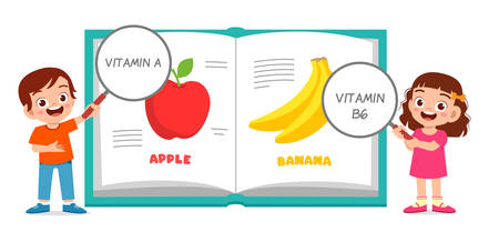 happy cute kids boay and girl learning vitamin vectorのイラスト素材