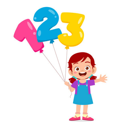 happy cute kid girl holding balloon textのイラスト素材