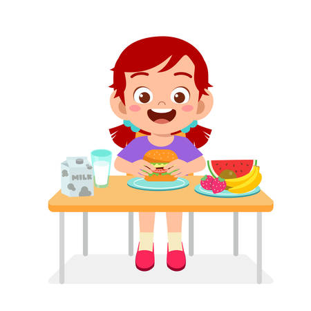 happy cute kid girl eat healthy foodのイラスト素材