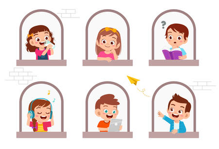 happy cute kid study on window setのイラスト素材