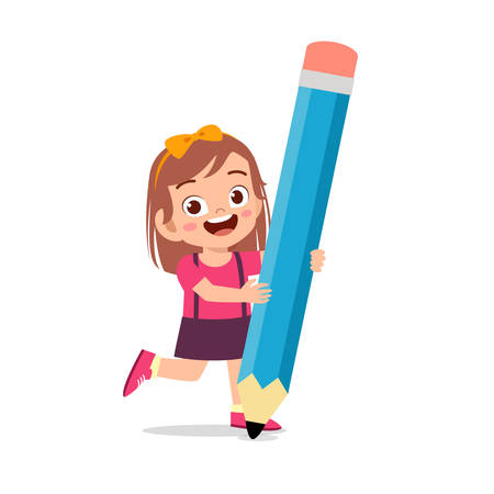 happy cute kid girl holding big pencilのイラスト素材