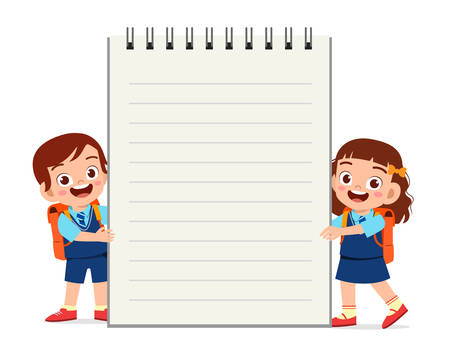 happy cute little kid boy and girl notebookのイラスト素材