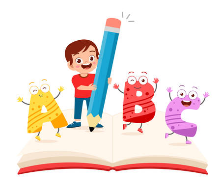 happy cute little kid boy with book and letterのイラスト素材