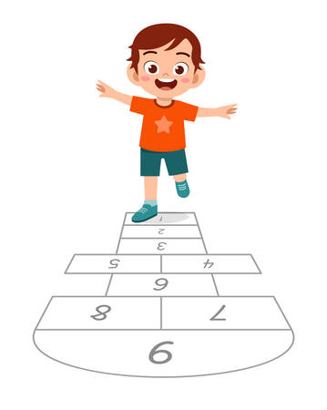 happy cute little kid boy play hopscotchのイラスト素材