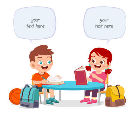 happy cute little kids boy and girl study togetherのイラスト素材