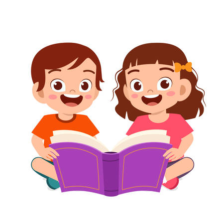 happy cute little kids boy and girl read bookのイラスト素材