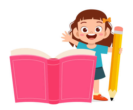 happy cute little kid boy with book and pencilのイラスト素材