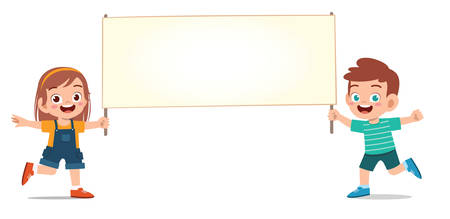 happy cute kid boy and girl holding blank bannerのイラスト素材