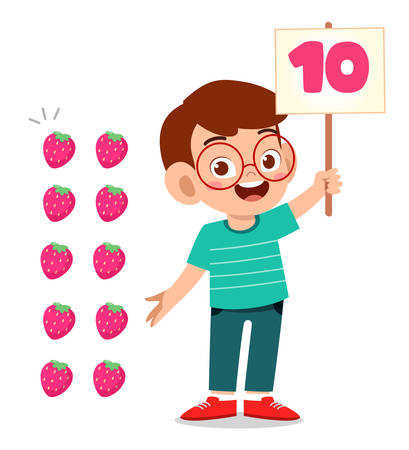cute little kid boy study math number count fruitのイラスト素材