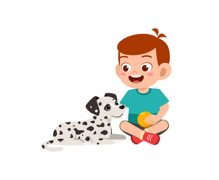 happy cute little kid boy girl play with pet dogのイラスト素材