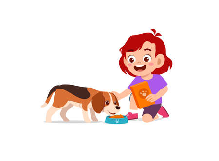 happy cute little kid boy girl play with pet dogのイラスト素材