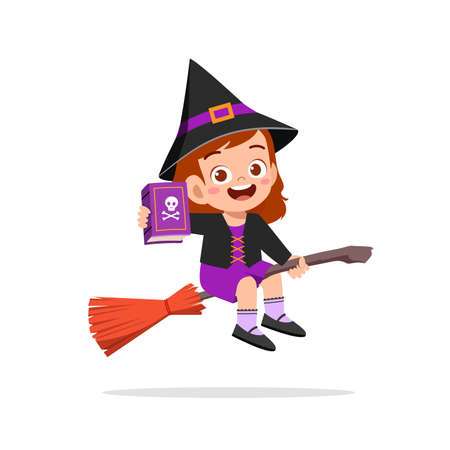 happy cute little kid boy and girl celebrate halloween wears witch costumeのイラスト素材
