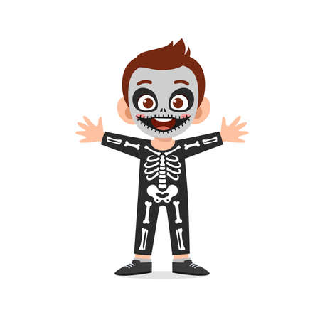 happy cute little kid boy and girl celebrate halloween wears skeleton costumeのイラスト素材