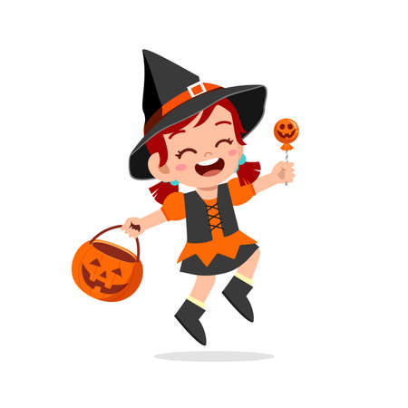 happy cute little kid boy and girl celebrate halloween wears witch costumeのイラスト素材