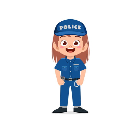 happy cute little kid girl wearing police uniformのイラスト素材