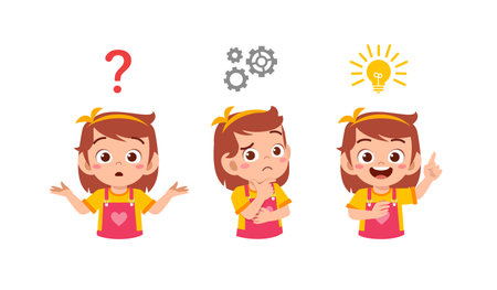happy cute little kid girl thinking and searching idea processのイラスト素材