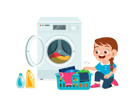 happy cute kid do laundry with washing machineのイラスト素材