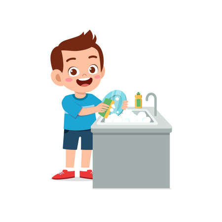 happy cute little boy washing dish in the kitchenのイラスト素材