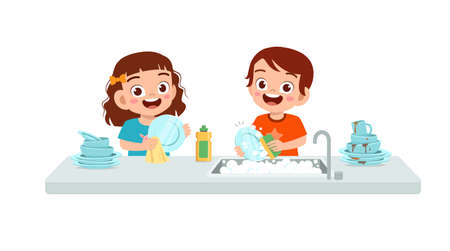 happy cute little boy and girl washing dish togetherのイラスト素材