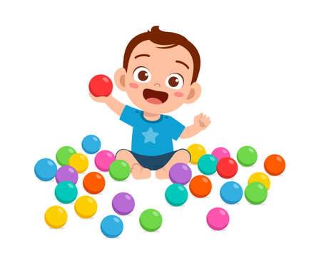cute little baby boy playing with colorful ballsのイラスト素材