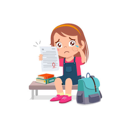 cute little girl feel sad because get bad grade from examのイラスト素材