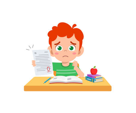 cute little boy feel sad because get bad grade from examのイラスト素材