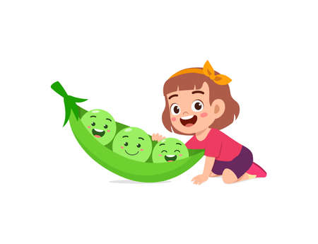 cute little girl stands with pea characterのイラスト素材