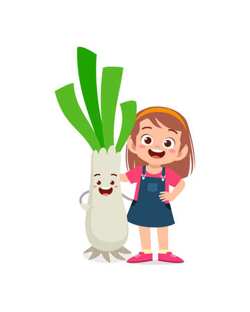 cute little girl stands with leek characterのイラスト素材