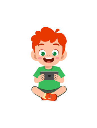 little boy using mobile phone and laughのイラスト素材