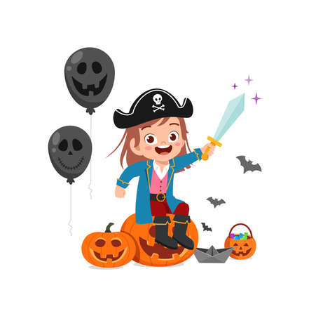 cute little girl celebrate halloween wear pirate costumeのイラスト素材