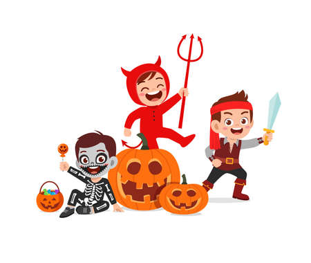cute little boy and girl celebrate halloween with friendのイラスト素材