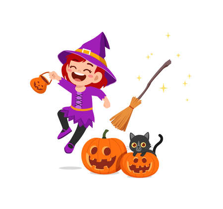 cute little girl celebrate halloween wear witch costumeのイラスト素材