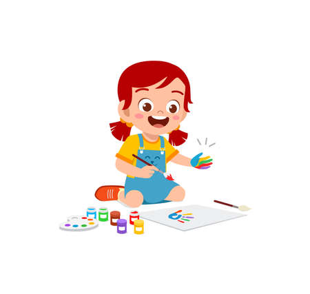 cute little boy using paint to hand for artのイラスト素材