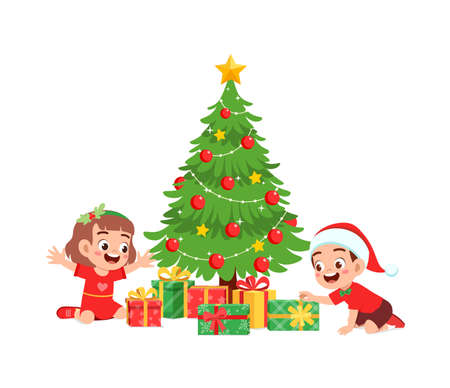 happy little boy and girl holding present for christmasのイラスト素材