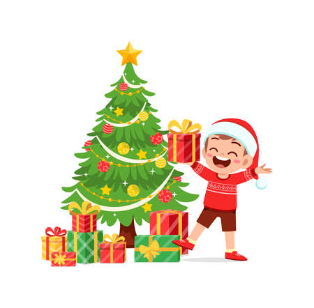 happy little boy holding present for christmasのイラスト素材