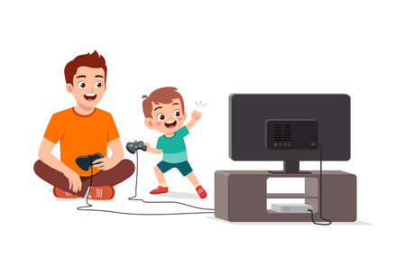cute little boy play video game on big screenのイラスト素材