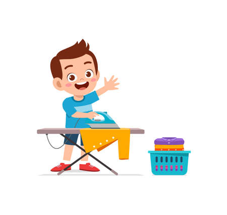 little boy use electric iron to smooth clothesのイラスト素材