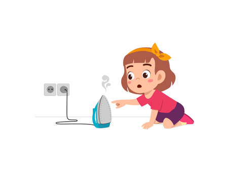 little girl curious to touch hot electric ironのイラスト素材