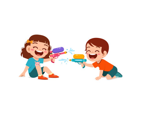 cute little kid holding water gun and play with friendの販売画像