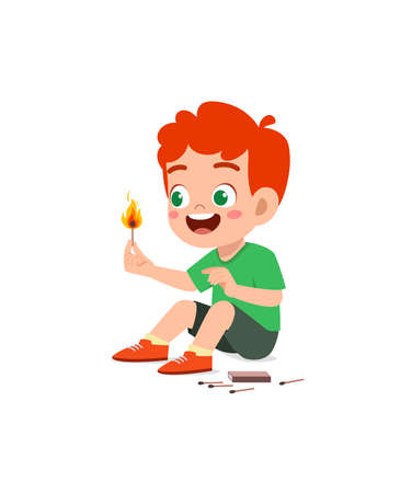 cute little boy holding match stick with fireのイラスト素材