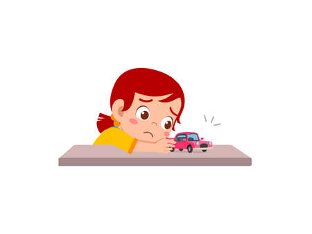 cute girl play toy car alone and feel sadのイラスト素材