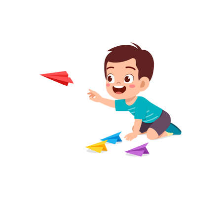 cute little boy play paper plane and feel happyのイラスト素材