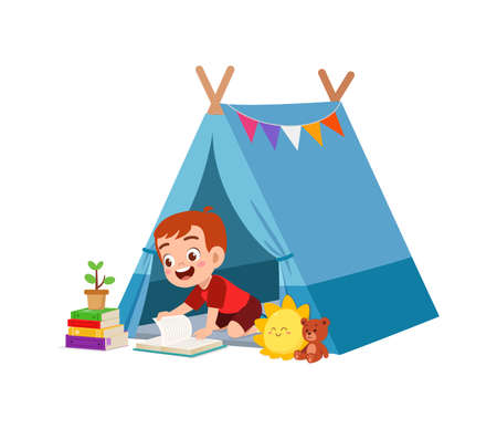 cute little boy play inside small tentのイラスト素材