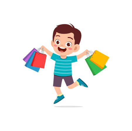 cute little boy carry many sopping bagsのイラスト素材