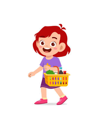 cute little girl carry basket full of groceriesのイラスト素材
